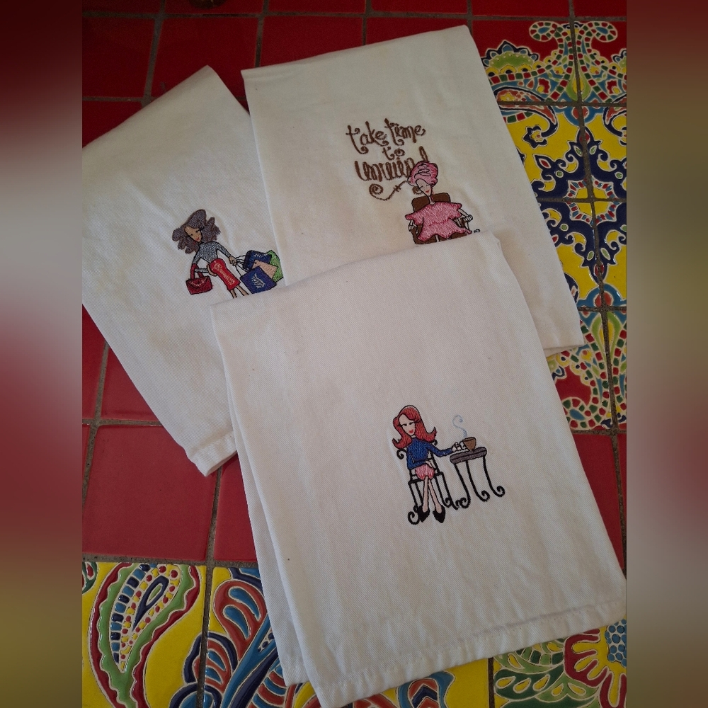 Vntg Embroidered Tea Towels 17"x17" Women Coffee T, Time To Unwind, Shopping